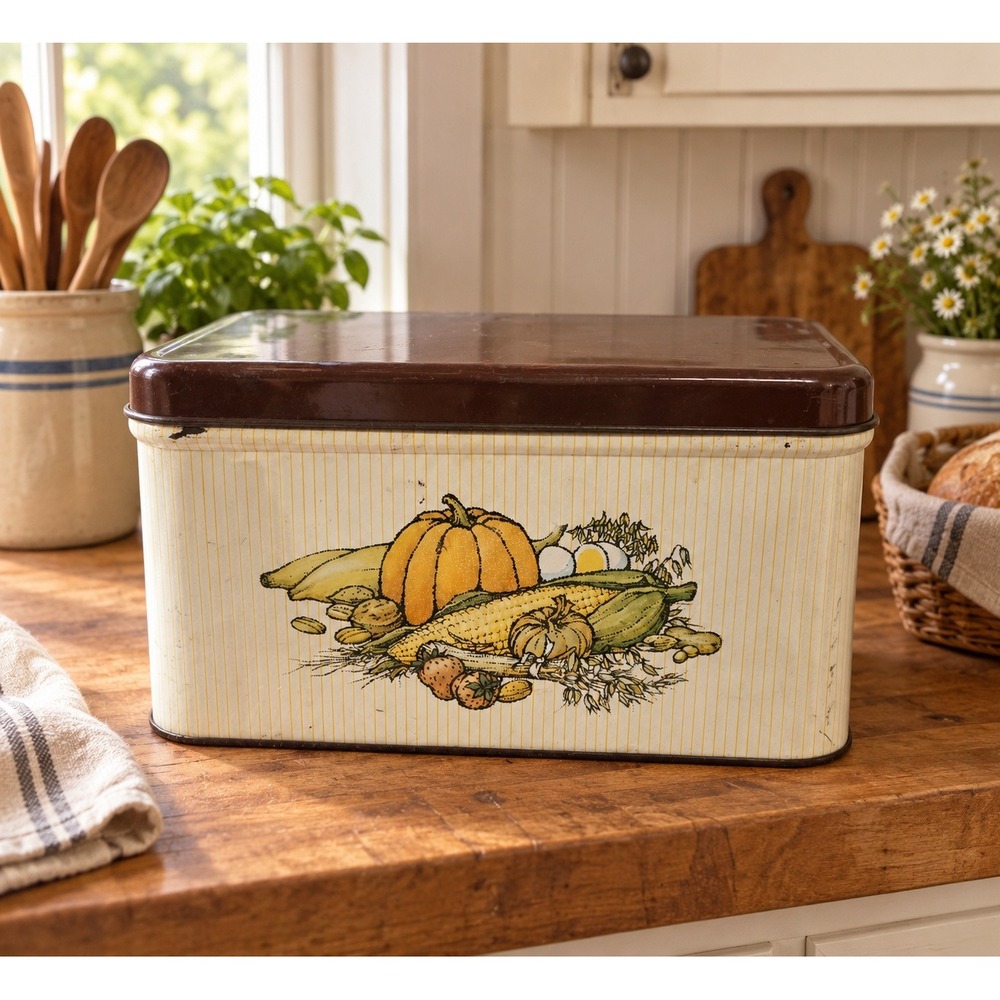 Vintage Metal Bread Box Harvest Pumpkin Corn Graphic Cream Brown Pinstripe Tin